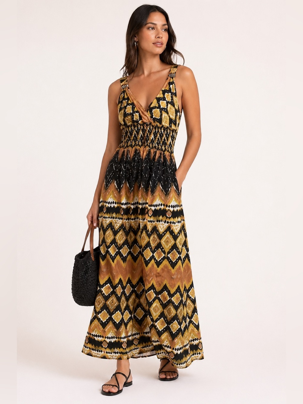 Cassee’s Black and Gold Sundress with Smocked Waist Size M
